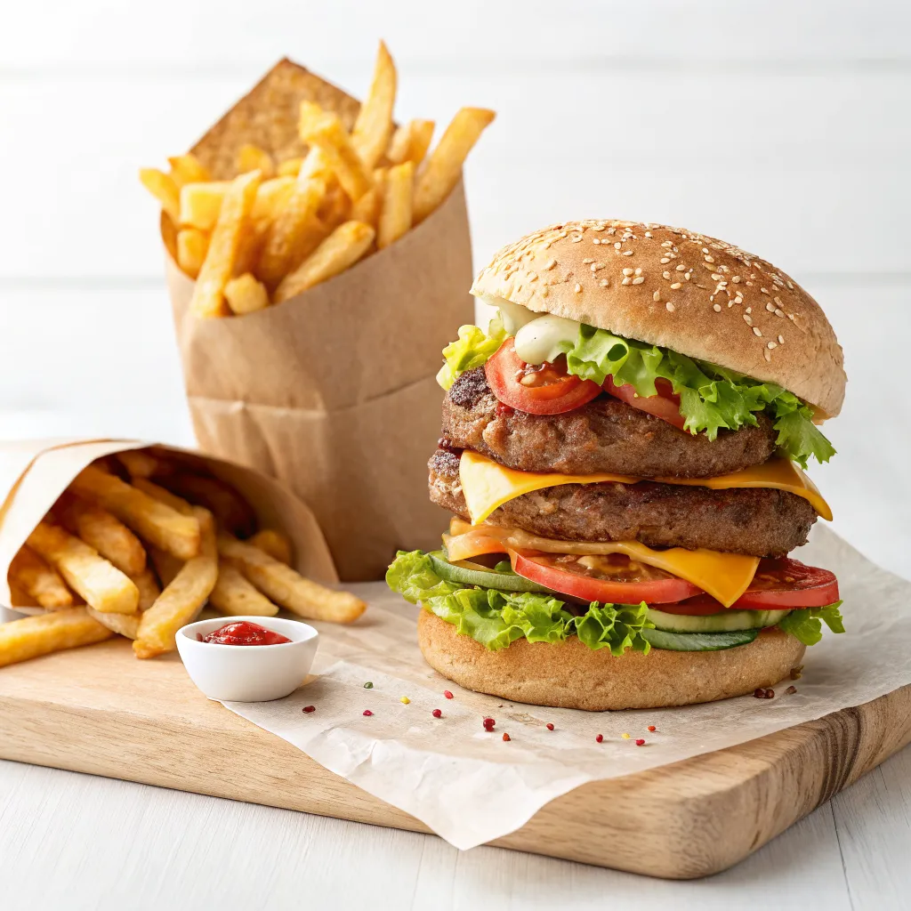 Gourmet burger and fries ready for delivery